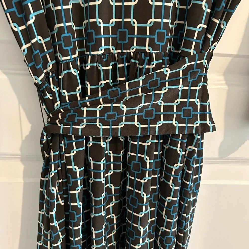 Talbots Wrap Dress Black Blue Geometric Print Size 12